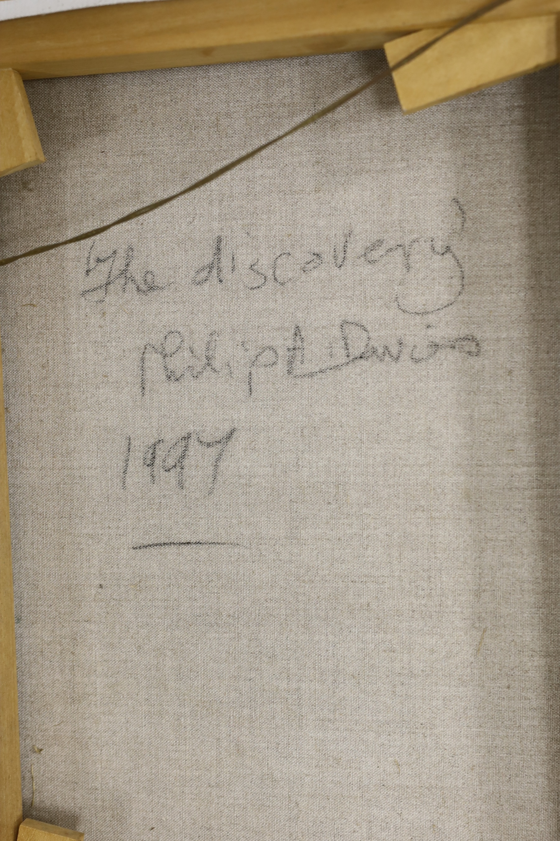 Philip Davies (1953-), oil on linen, 'The Discovery 1997', signed, Christopher Hull Gallery label verso, 42 x 58cm. Condition - fair